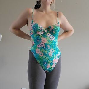 Vintage High Cut One Piece Swimsuit 90s vtg Bright Colorful